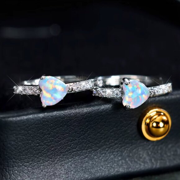 18k White Gold Opal Diamond Earrings Heart Shaped Opal Hoop Earrings - Picture 4 of 6